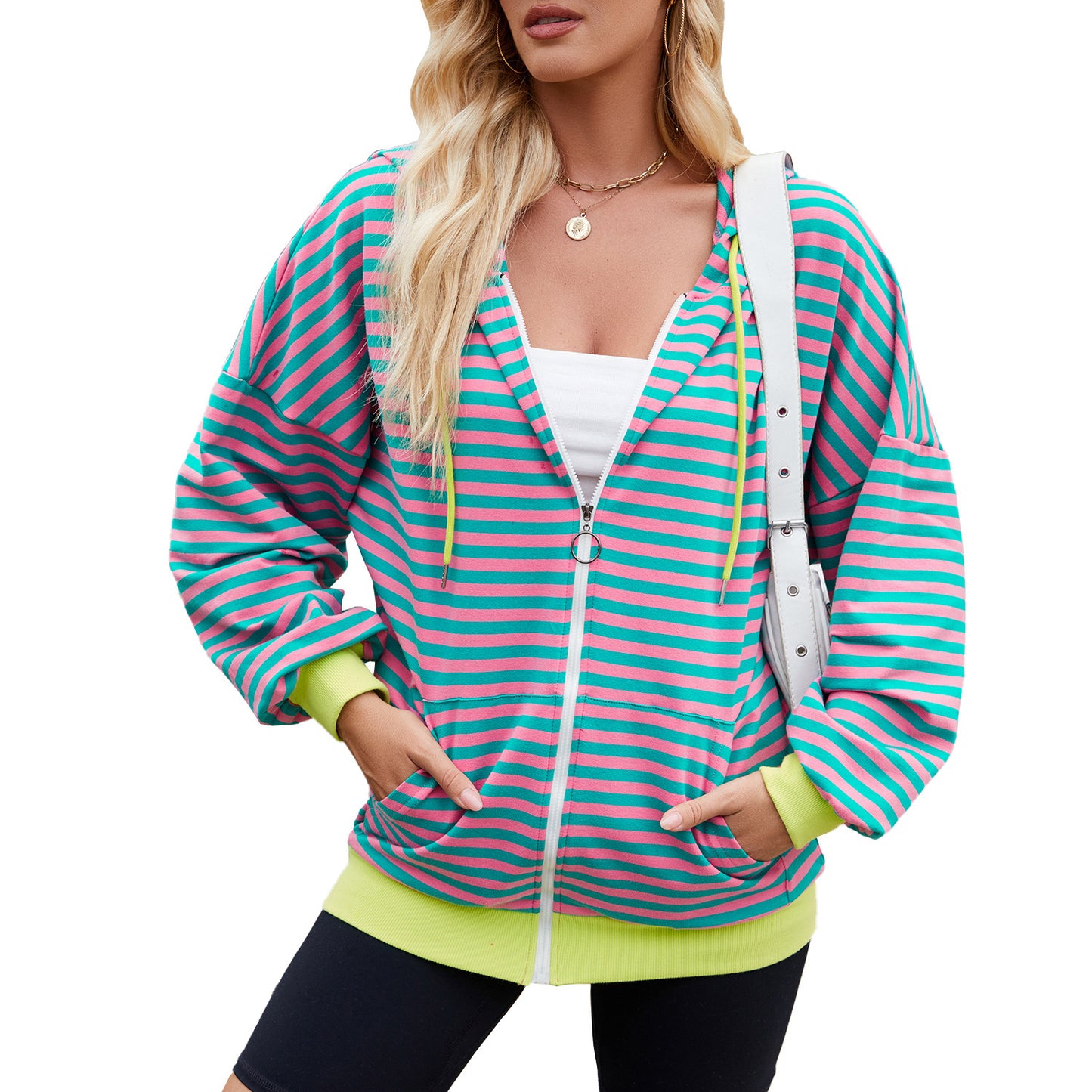 Striped Zipper Hooded Sweatshirt Fashion Loose Pockets Long-sleeved Jacket For Women Tops