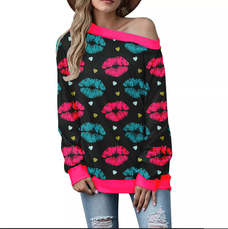 Women's Valentine's Day Pattern Printed Long Sleeve Loose Shoulder Sweater