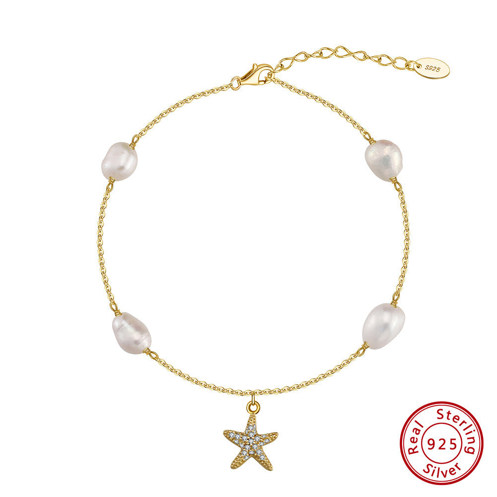 S925 Sterling Silver Beach Style Pearl Five-pointed Star Pendant Anklet