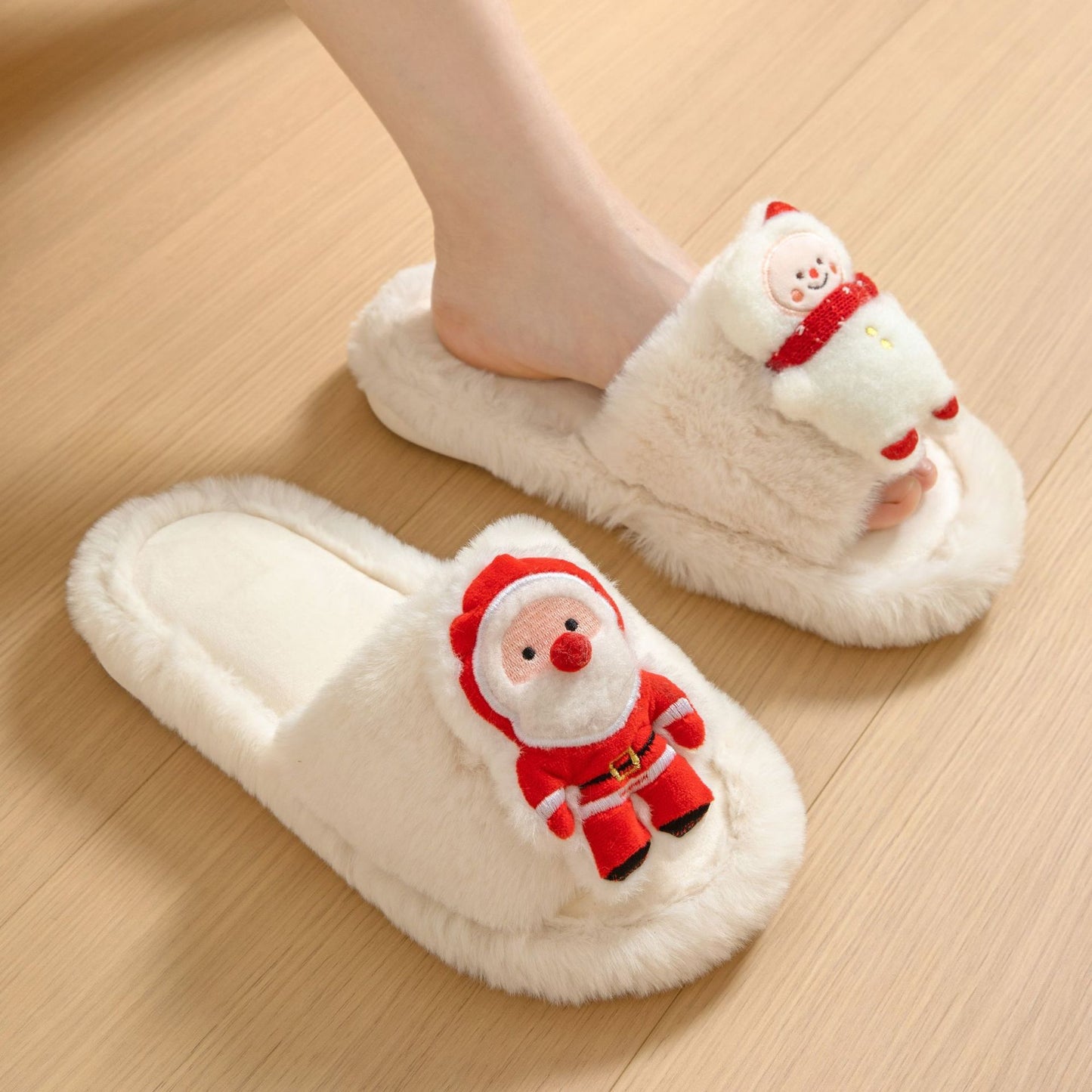 Christmas Shoes Ins Santa Claus Open-toe Cotton Slippers Winter Home Indoor Floor Plush Warm Furry Slippers Women