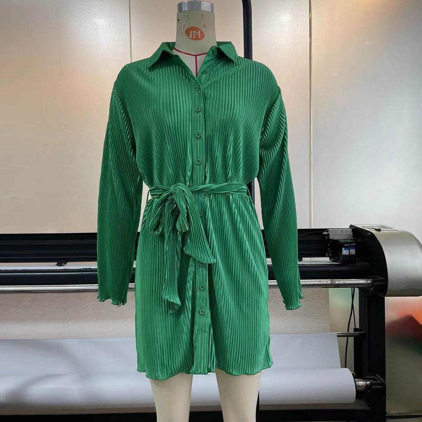 European And American Fashionable Pleated Long-sleeved Shirt-style Belted Dress