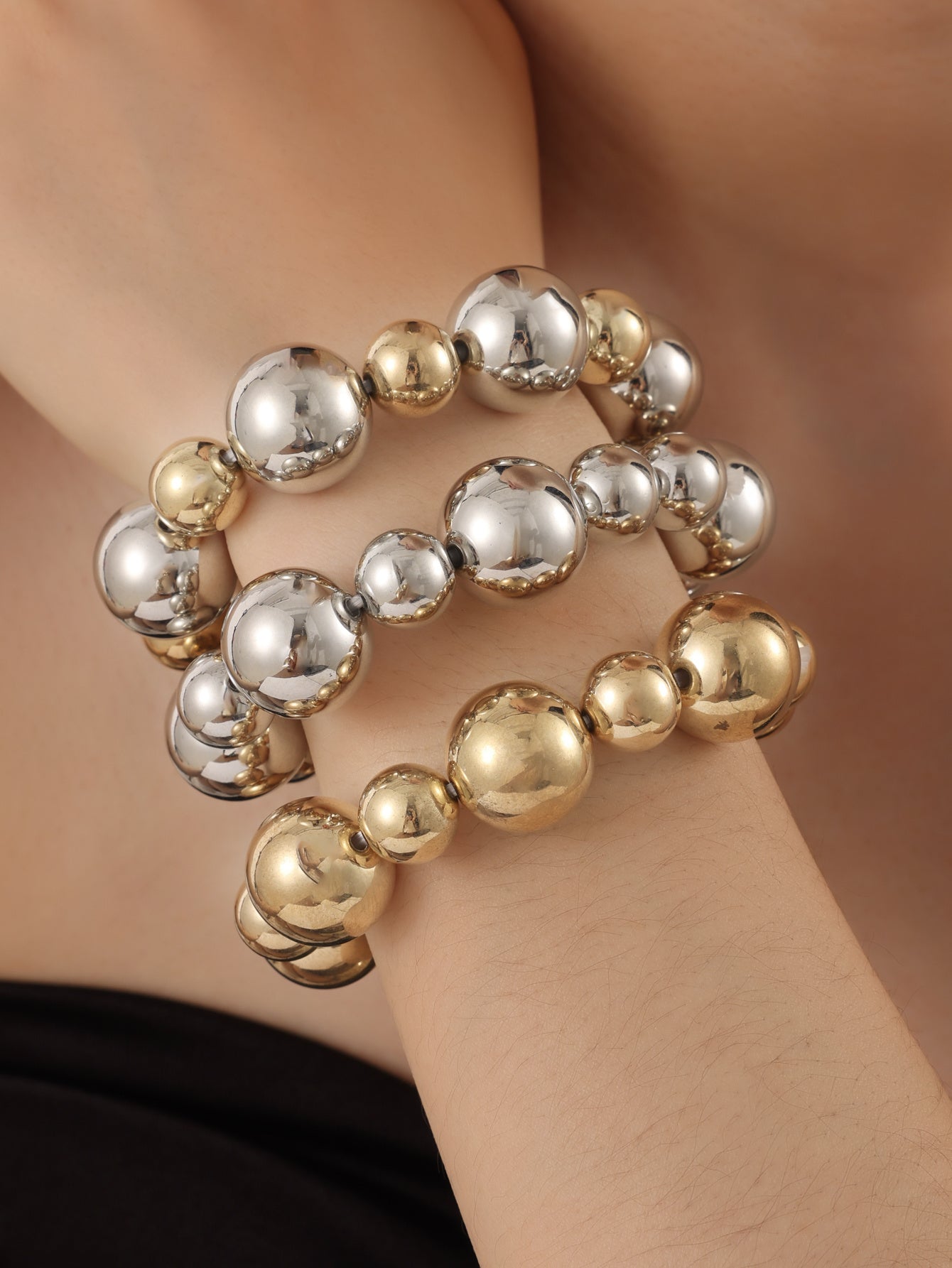 Punk Style Exaggerated Round Bead Chain Bracelet, Hip-hop Trend Geometric Metal Set Bracelet