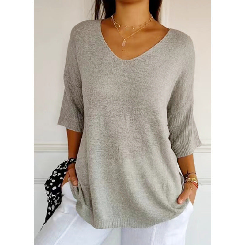 Solid Long Sleeve Sweater Slimming V-neckline Knitwear Women's Bottoming Shirt