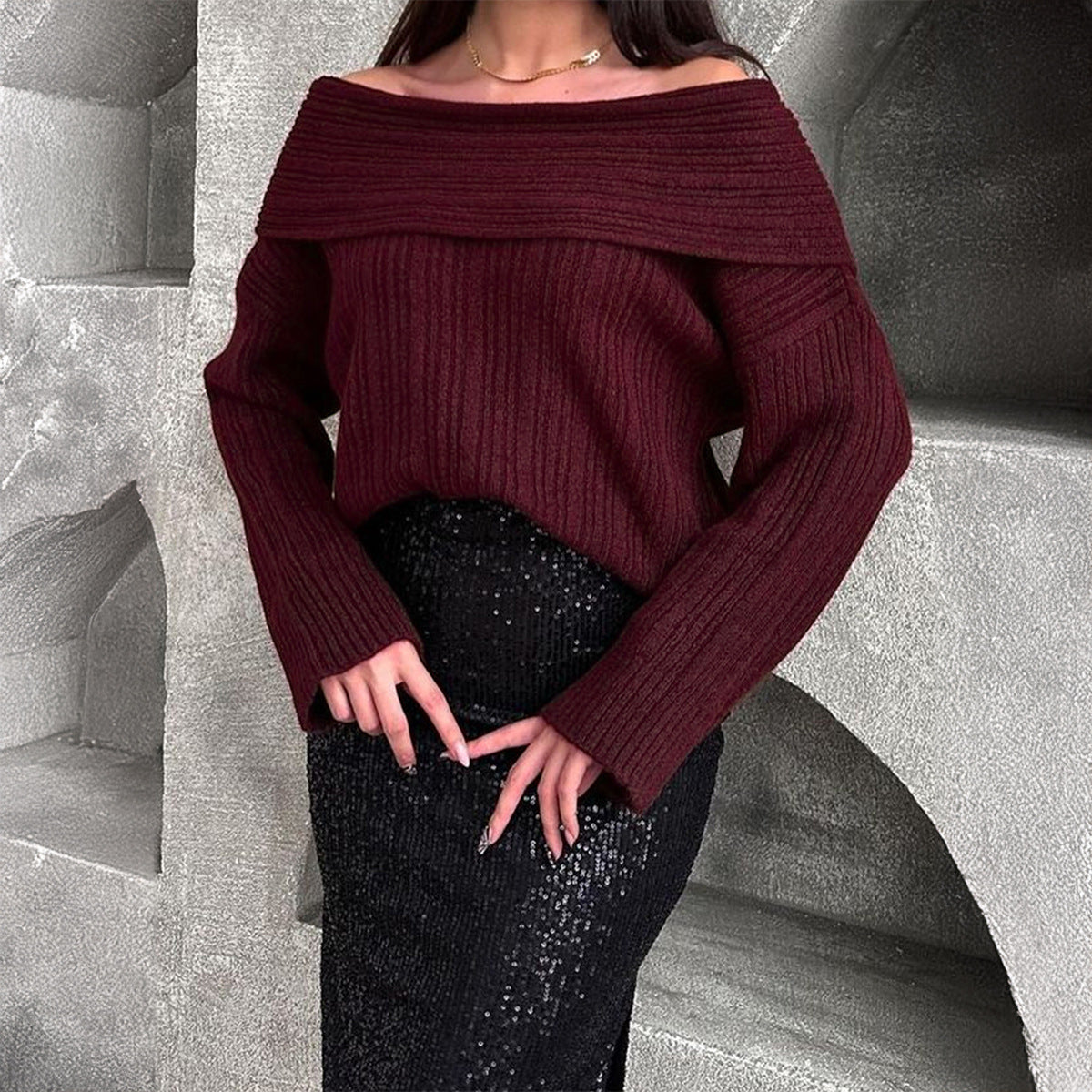 Loose Pullover Trumpet Sleeve Sweater Y2K Fashion One-shoulder Knitted Tops Winter Womens Clothing