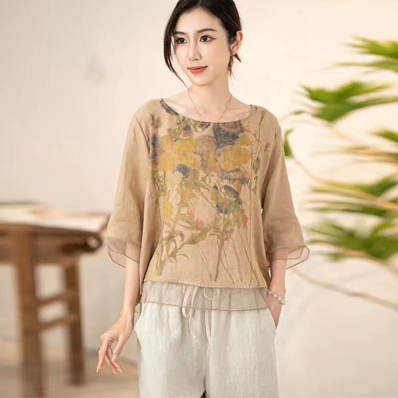 Top Plus Size Loose Casual New Chinese Style Summer Women's Artistic Short Sleeve