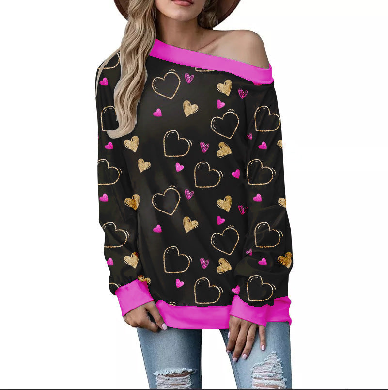 Women's Valentine's Day Pattern Printed Long Sleeve Loose Shoulder Sweater