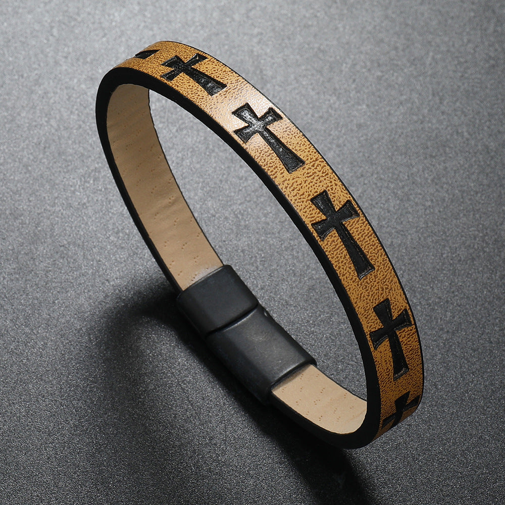 Alloy Leather Bracelet Men's Printed Cross Magnetic Buckle Bracelet