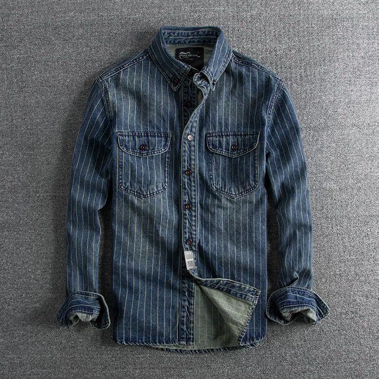 Denim Shirt Retro Heavy Distressed Thick Striped Long Sleeve Coat