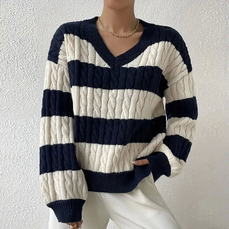 V-neck Long Sleeve Striped All-matching Women's Sweater