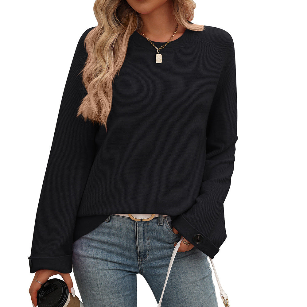 Women's Round Neck Button Cored Yarn Long Sleeve Sweater