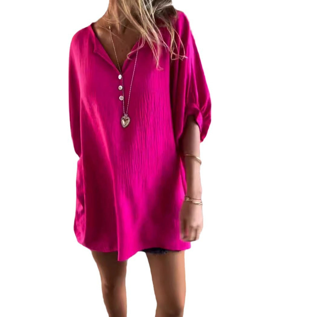 Solid Color Collarless Loose Casual Button Shirt