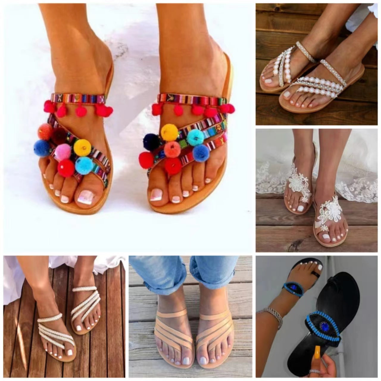 Foreign Trade Flat Toe Pearl Lace Flower Fur Ball Bohemian Beach Flat-heeled Sandals