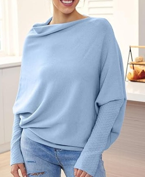 Solid Off-shoulder Batwing Sleeve Sweater Fashion Round Neck Temperament Pullover Top Womens Clothing