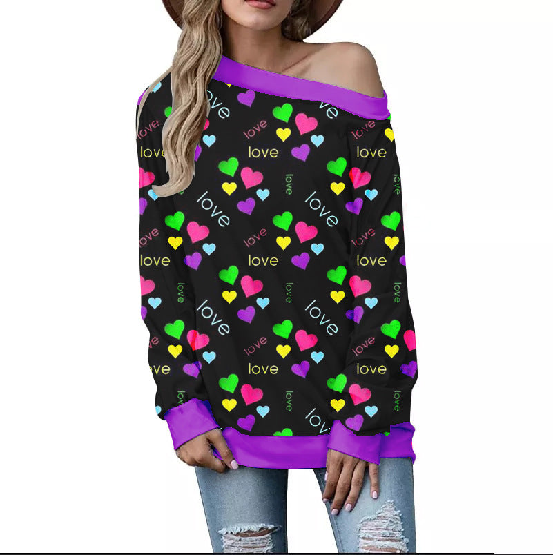 Women's Valentine's Day Pattern Printed Long Sleeve Loose Shoulder Sweater