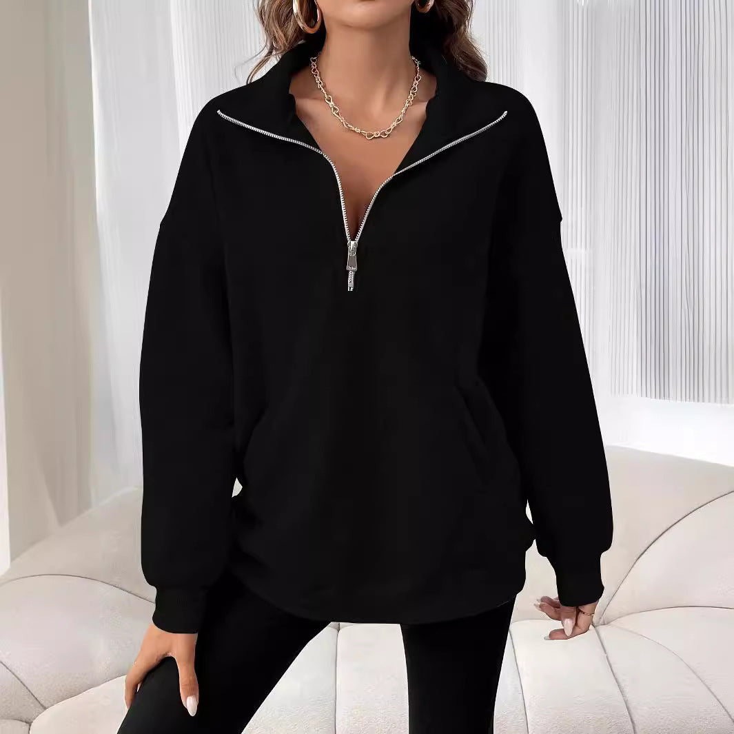 Polo Collar Solid Color Casual Women's Hoodie