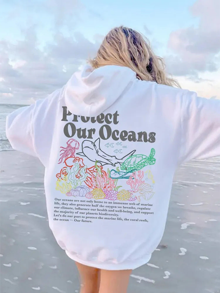 Sweater Women's Loose Protect Our Oceans Hoodie