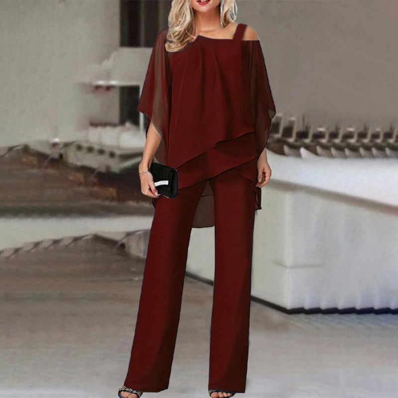 Solid Loose Irregular Suits Batwing Sleeve Top And Straight Trousers Outfits Womens Clothing