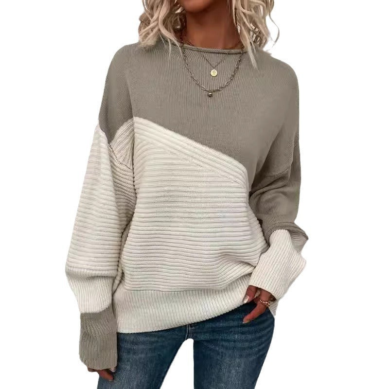 Women's Knitting Sweater Stitching Contrast Color Pullover Top