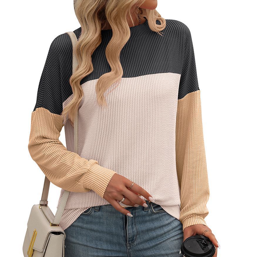 Round Neck Twist Strip Color Matching Long Sleeve Loose T-shirt For Women