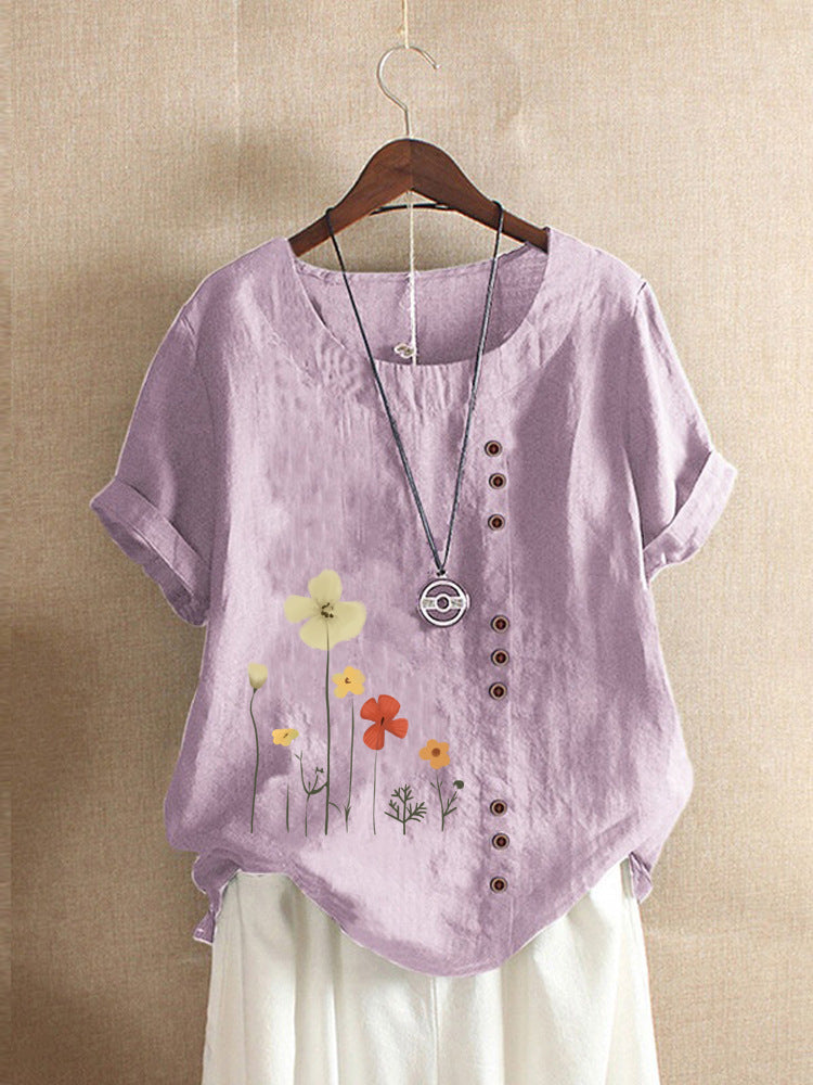 Cotton And Linen Printed Elegant Short Sleeve T-shirt Top Women