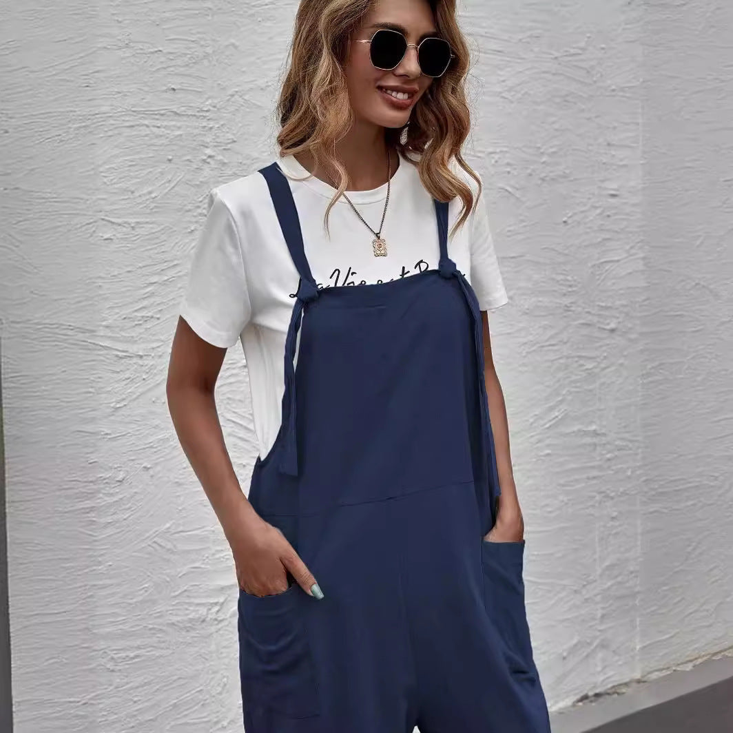 Fashion Solid Color Loose Pockets Wide Leg Jumpsuit