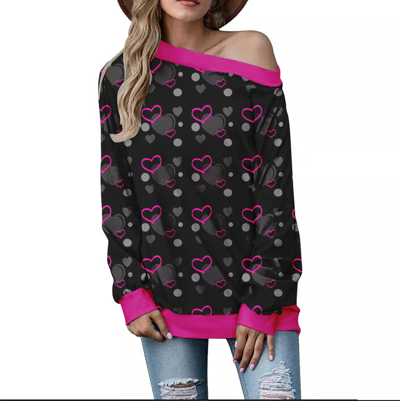 Women's Valentine's Day Pattern Printed Long Sleeve Loose Shoulder Sweater