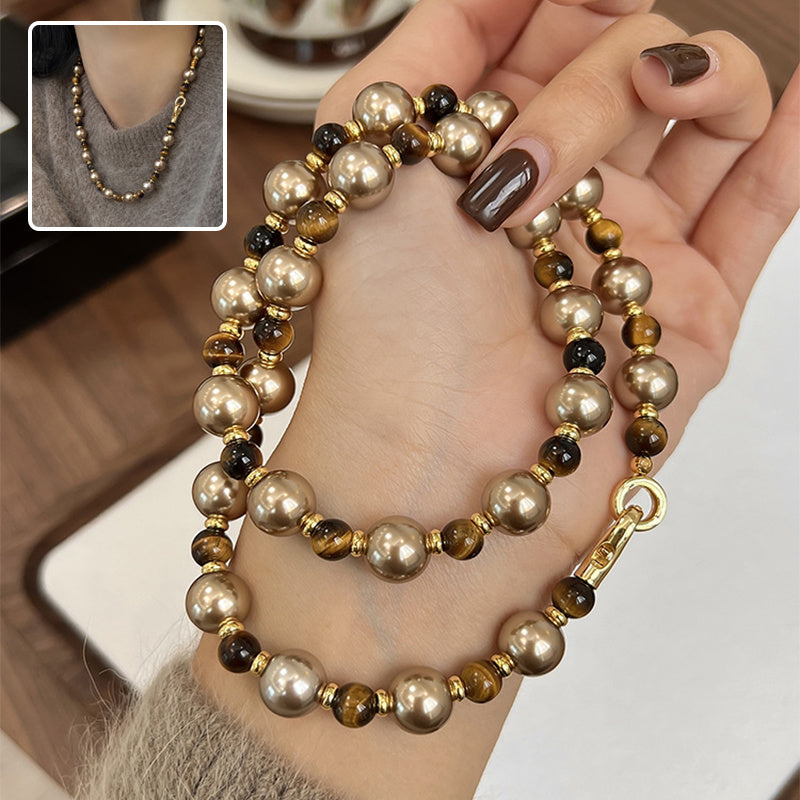 Brown Tiger Eye Pearl Necklace Autumn And Winter Light Luxury Niche Sweater Chain Women Fashion Jewelry