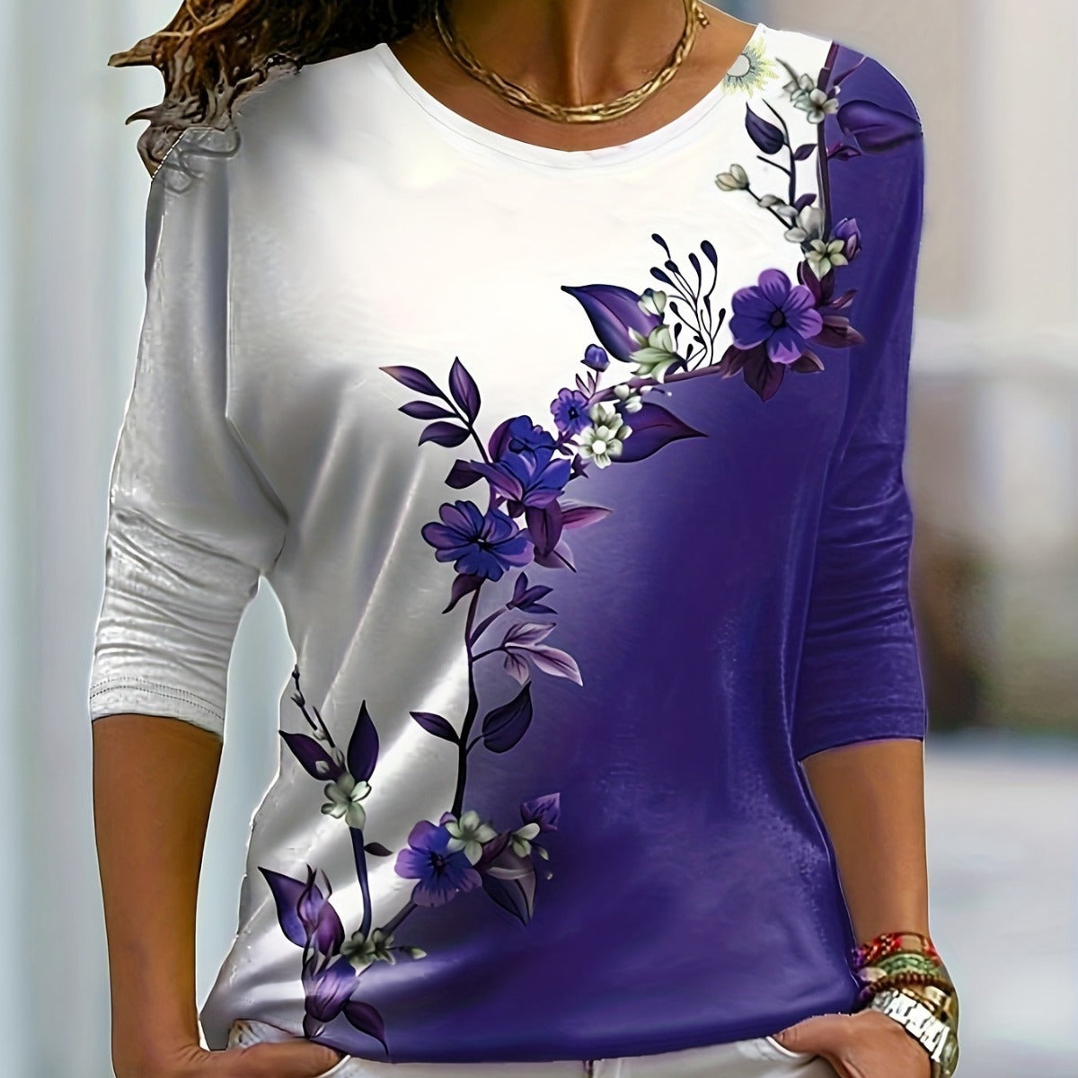 Floral Multicolor Printing Round Neck Casual Long Sleeve