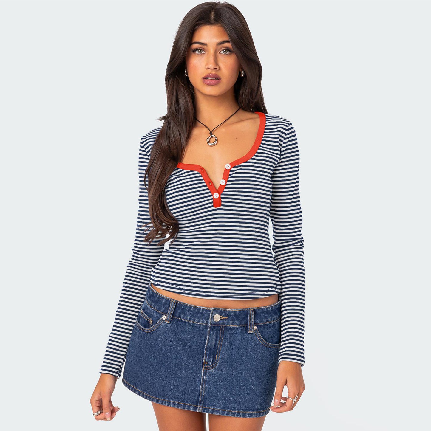 Contrast Color Striped Sweater Women's Button Slim T-shirt