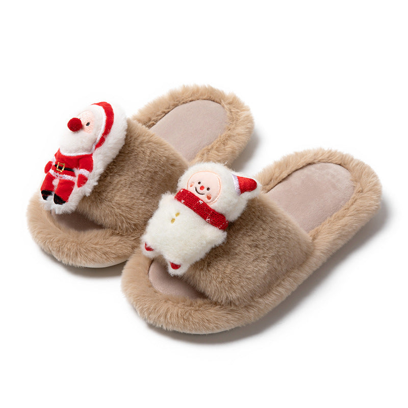 Christmas Shoes Ins Santa Claus Open-toe Cotton Slippers Winter Home Indoor Floor Plush Warm Furry Slippers Women