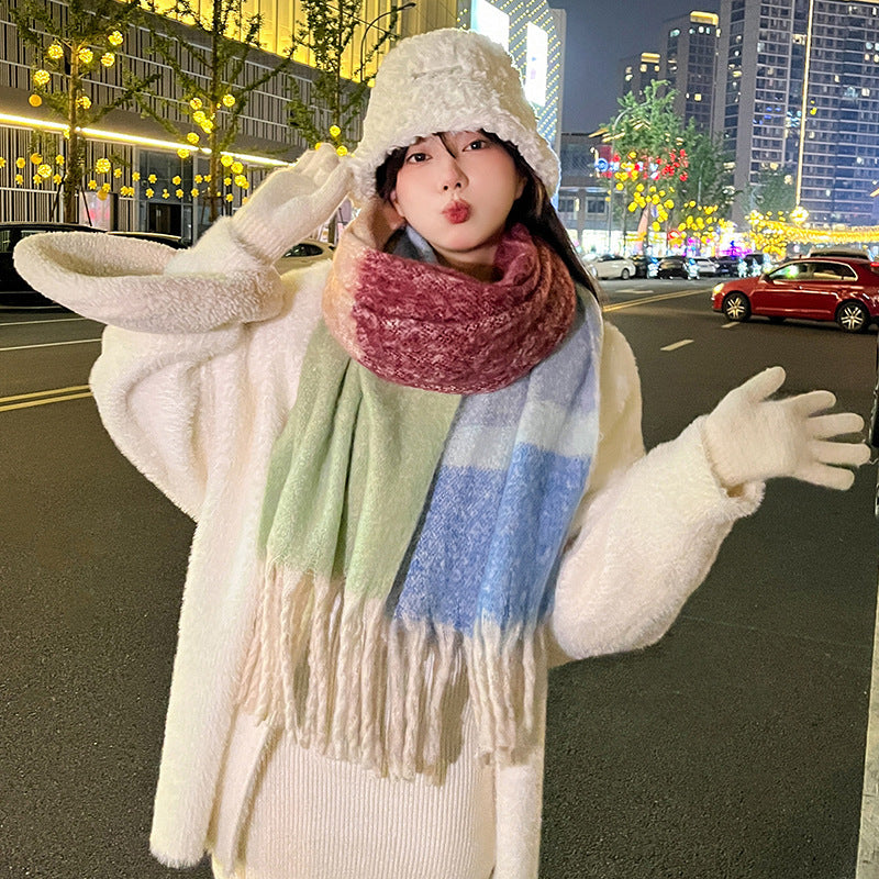 Soft And Thickened Mohair Scarf Women's Color Matching Artificial Cashmere Scarf