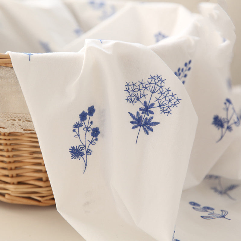 White Background Blue Flower Exquisite Embroidery Pure Cotton Embroidered Dress Curtain Shirt Handmade Diy Fabric