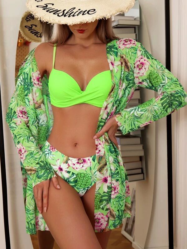 Women's Casual Mesh Shawl Split Print Swimsuit