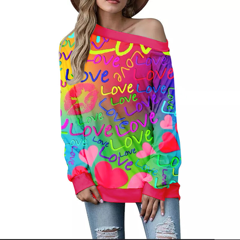 Women's Valentine's Day Pattern Printed Long Sleeve Loose Shoulder Sweater