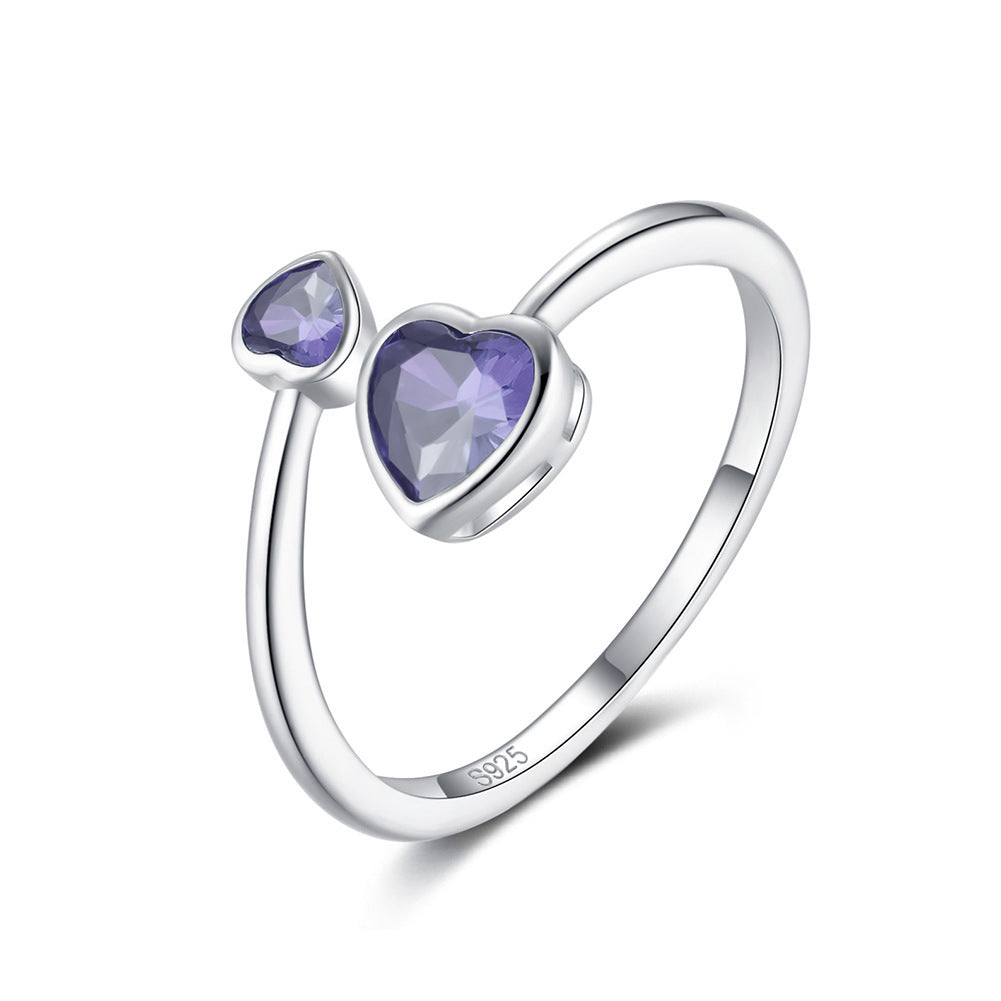 S925 Sterling Silver Ring Double-headed Cute Loving Heart Zircon Twelve-color Adjustable