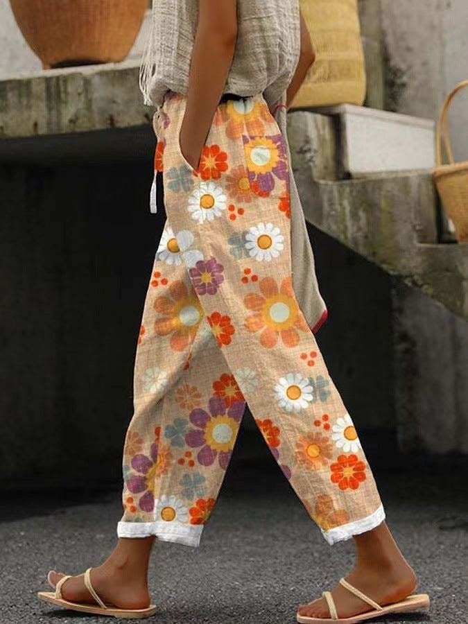 Pocket Casual Printed Elastic Waist Cropped Straight Pants