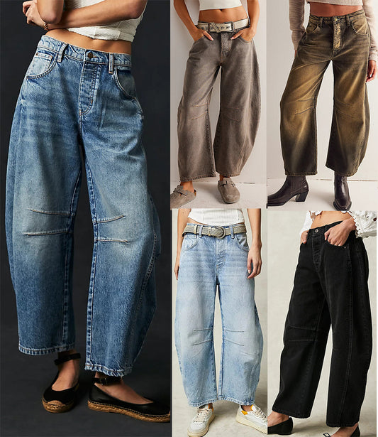 High Stretch Mid-Rise Barrel Jeans Fashion Wide Leg Shape Women Casual Baggy Mid Waist Denim Jeans