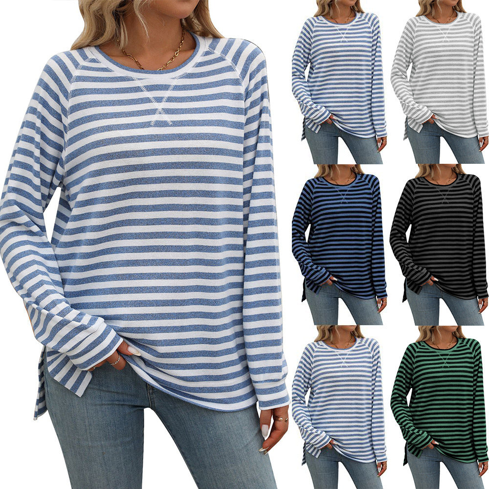 Striped Contrast Color Round Neck Long Sleeve Loose-fitting T-shirt Top