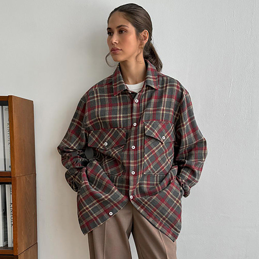 Retro Plaid Women's Shirt Minimalist Long Sleeve