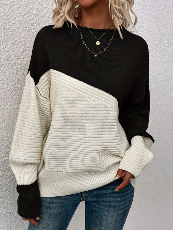 Women's Knitting Sweater Stitching Contrast Color Pullover Top