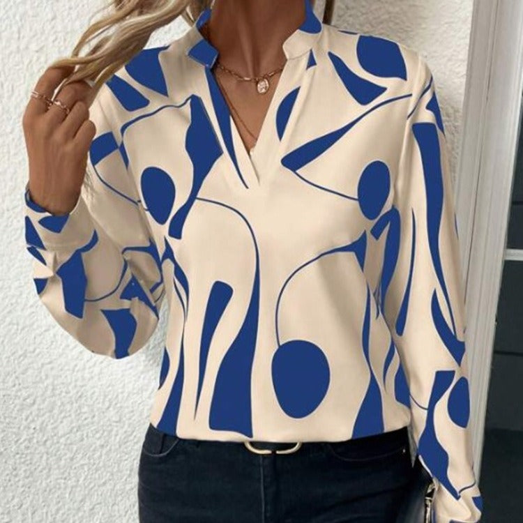 V-neck Long Sleeve Slimming Printed Stand Collar Shirt