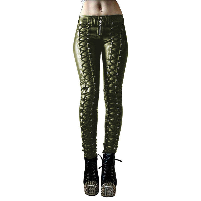 Solid Color Casual Women's Lace-up PU Leather Pants