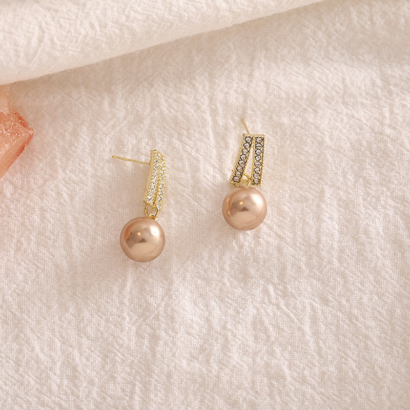 Elegant High-grade Sterling Silver Needle Pairs Of Pearl Earrings With Diamonds