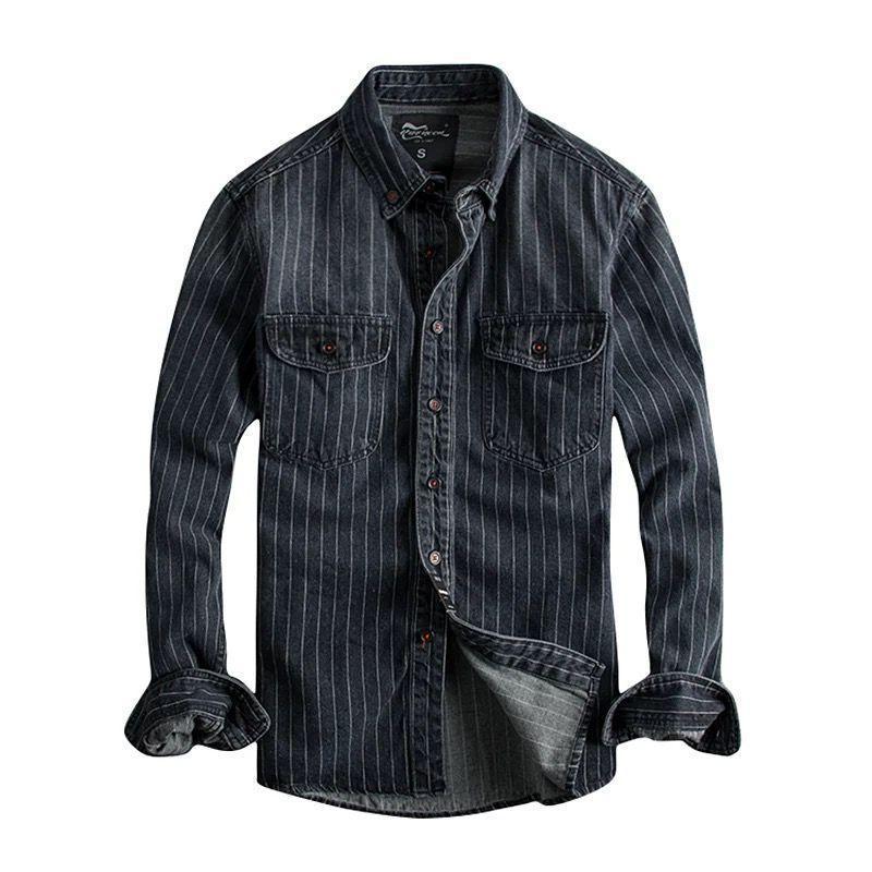 Denim Shirt Retro Heavy Distressed Thick Striped Long Sleeve Coat