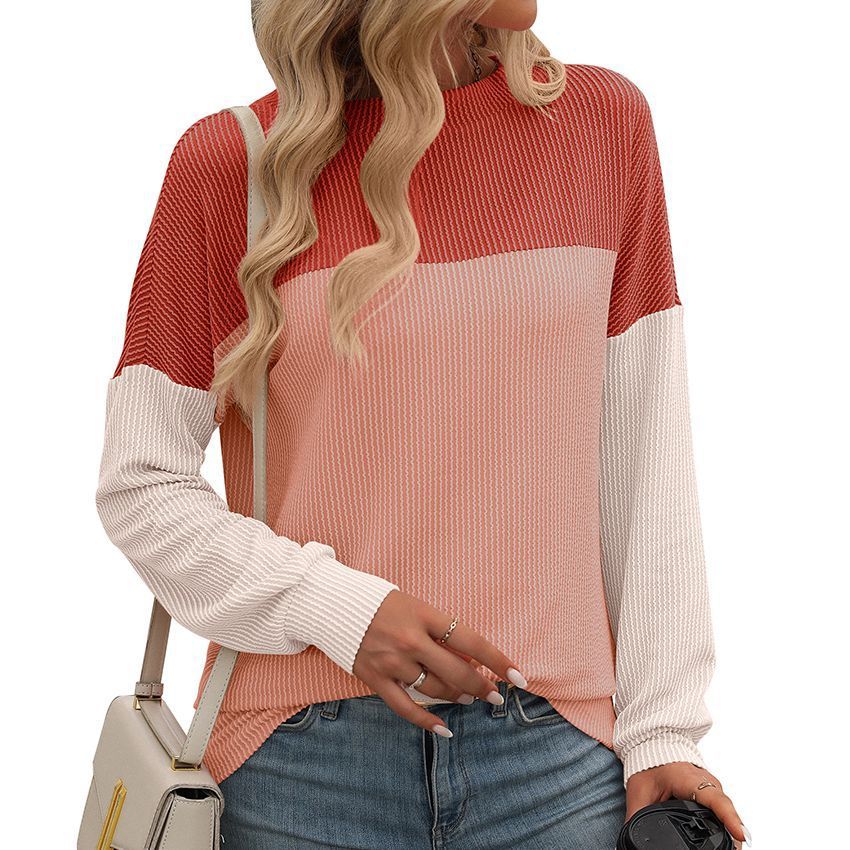 Round Neck Twist Strip Color Matching Long Sleeve Loose T-shirt For Women