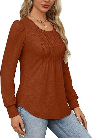 Women's Bubble Sleeve Waist Pleated Round Neck Long Sleeve T-shirt