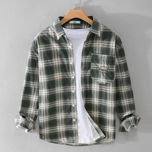 Cotton Plaid Long-sleeved Shirt Retro Cotton Brushed Casual Overshirt