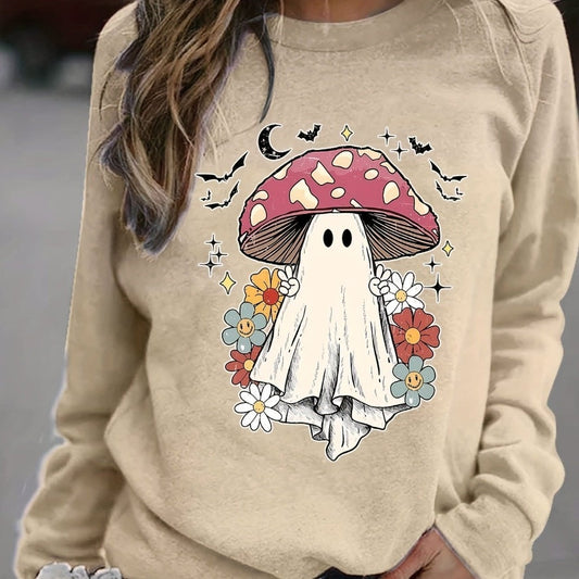 Halloween Mushroom Ghost Print Sweatshirt, Casual Long Sleeve Crew Neck