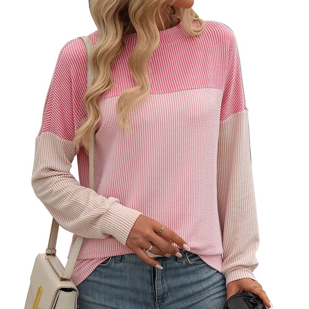 Round Neck Twist Strip Color Matching Long Sleeve Loose T-shirt For Women