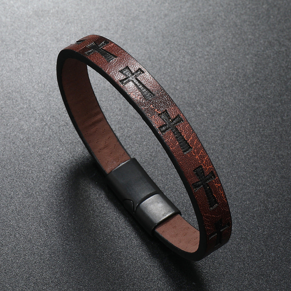 Alloy Leather Bracelet Men's Printed Cross Magnetic Buckle Bracelet